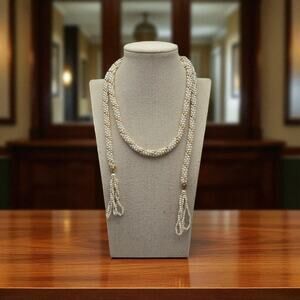 Pearl Beaded Tassel Necklace Long Rope Flapper Style Vintage Jewelry